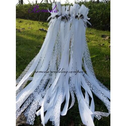 70pcs/lot New Arrived white lace white stain ribbon wands with sliver speaker shape bells