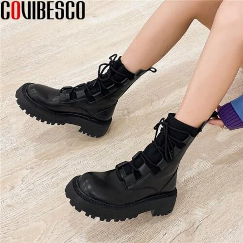 COVIBESCO Classic Women Ankle Boots Autumn Winter Platforms Shoes Woman Fashion Lace-Up Genuine Leather Casual Knitting Boots