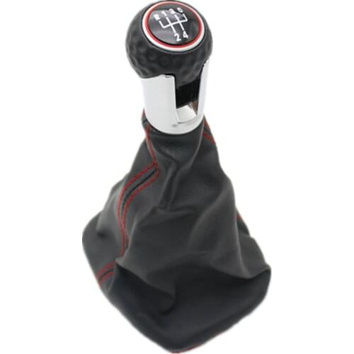 For VW Bora MK4 Golf 4 A4 Jetta 4 1998 1999 2000-2004 Car Gear Shift Knob Black Leather Red Thread Red Ring Cap 5 speed 12mm