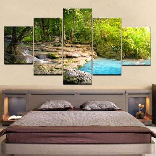Canvas Paintings Waterfall landscape Pictures Forest tree Lake water HD Prints 5 Pieces Wall Art Living Room Home Decor Posters