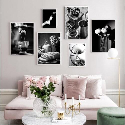 Coffee Wine Bread Kitchen Poster Black White Drink Food Canvas Print Wall Art Painting Picture Dining Room Restaurant Decoration