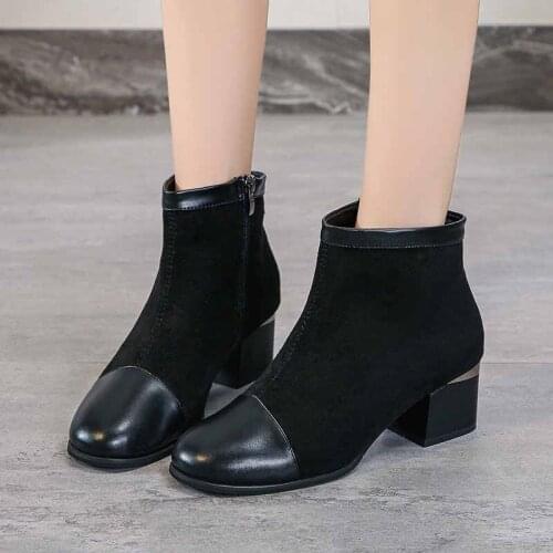 Fashion Square Toe Shoes P Suede Womens Ankle Boots U Leather Short Boots Zipper Square Heel Comfortable Casual Ladies Shoes