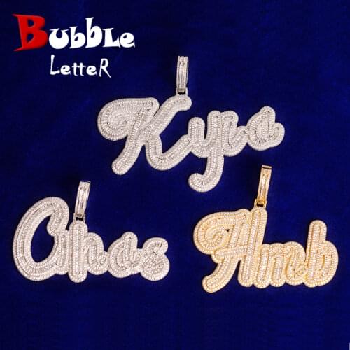 Bubble Letter Custom Brush Cursive Letter Pendant Name Necklace Micro Paved CZ Personalized Hip Hop Jewelry