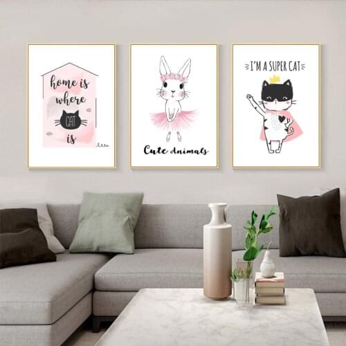 Baby Nursery Wall Art Canvas Poster Print Cartoon Rabbit Cat Painting Nordic Kids Decoration Picture Children Bedroom Cuadros