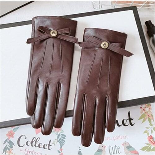 Velvet Lined Genuine Leather Gloves Fashion Women Sheepskin Glove Elegant Bow Winter Leather Driving Gloves