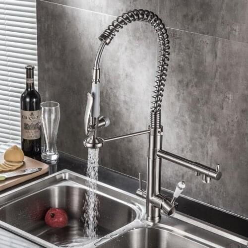Full copper kitchen faucet American rotating spring faucet Open multi-function sink faucet hot and cold