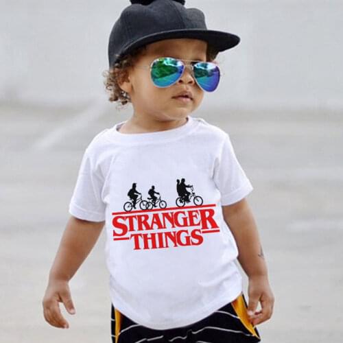 Casual Kawaii Cartoon Boys T Shirts Ride Bicycle Stranger Things Girls Shirts Short Shirt Korean Design Cool White T-shirt Kids