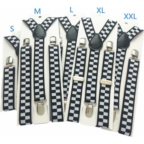 Black White Plaid Kids Adult Adjustable Suspenders 2.5cm Wide Elastic Strap Y-Back Braces 5 Sizes for Whole Family Party Wedding