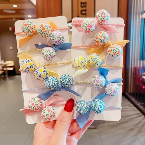 2Pcs/Set Cute Lovely Ball Flower Print Bow Elastic Hair Bands For Girl Child Ponytail Holder 2021 New Girft Hair Tie