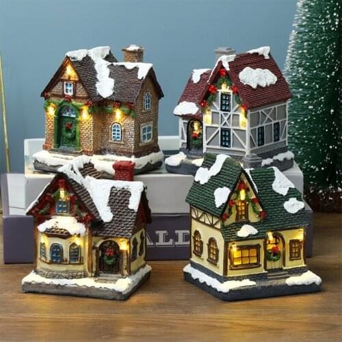 Christmas Scene Village House Statue with Warm LED Light Xmas Winter Snow Landscape Resin Building Miniature Figurines