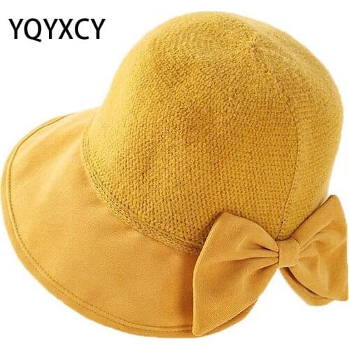 YQYXCY Autumn Winter Hats For Women Cashmere Knitted Fisherman Hat With Bow Bucket Hat Ladies Cap Female Bob Korean Gorras