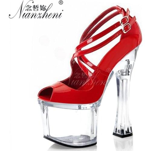 Sexy Red Patent leather Peep toe Bride Wedding 7 inches Crystal Spool heels Clubbing Stripper Womens Sandals 18CM Womens Sandal