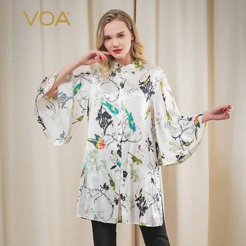 VOA White Flower-and-bird Pattern Pointed Collar Single-breasted Nine Quarter Split Long Stretch Silk Shirts Womens Tops B7338