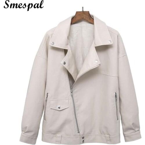 Women Oversize Boyfriend Style PU Leather Bomber Jacket Coat 2020 Moto Jacket Woman Faux Leather Jackets