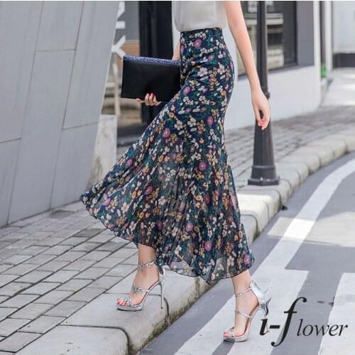 2021 Elegant Fashion Summer Long Skirt for Women Elastic High Waist Chiffon Skirts Floral Print Big Swing Umbrella Skirt