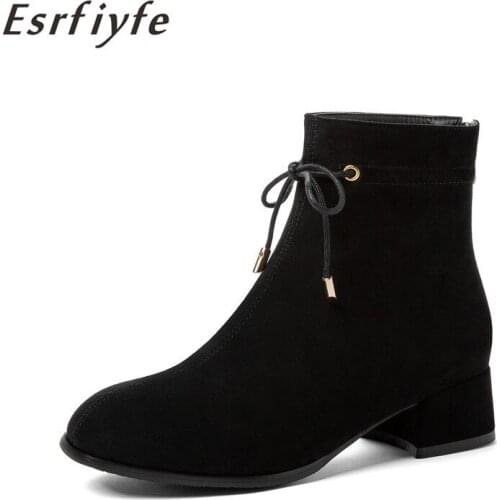 ESRFIYFE Large Size Hot Sale Women Ankle Boots Flock Square Toe Zippers Autumn Winter Women Fashion Boots Casual Lace-up Boots