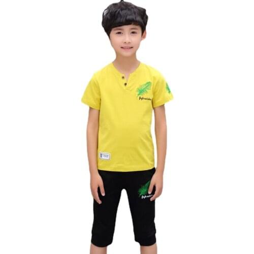 Boys Summer Suit 2018 New Childrens Summer Wear Two-piece Suit Black White Yellow Color Short Sleeve T Shirt+pant 4-12 Ages