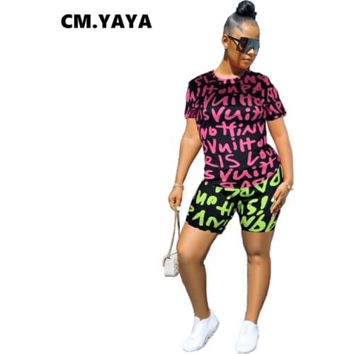 CM.YAYA Women Set Letter Print Short Sleeve T-shirts Strechy Shorts Two Piece Set Active Tracksuit Sporty Workouts Summer Outfit