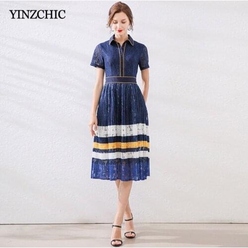 Summer New Woman Lace Pleated Dress Striped Blue Ladies Slim Skirt Short Sleeve Lace Skirt for Party Female Casual Dresses