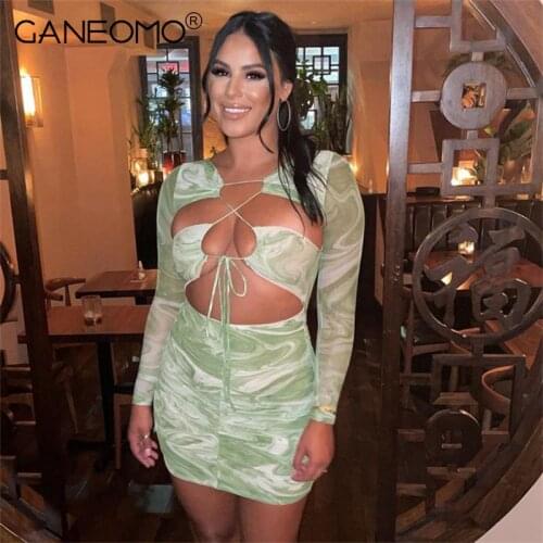 Floral Print Hollow Out Bandage Mini Dress Womens Lace Up Sexy Party Birthday Evening Bodycon Dresses 2021 Autumn Club Outfits