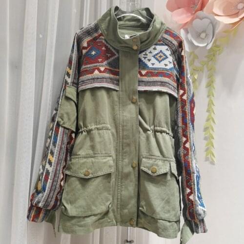 Spring Autumn Spliced Winter Women Long Single Breasted Long Sleeve Cotton Coat Y704