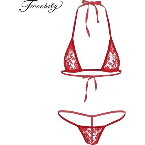 Women Floral Lace Sexy Lingerie Set See Through Sheer Halter Mini Bikini Transparent Bra with G-String Panties Underwear