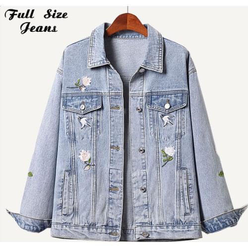 Women Plus Size Floral Embroideried Long Sleeve Bomber Jeans Jackets 3XL 5xl Spring Short Short Casual Denim Coat