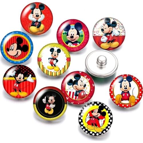 Disney Cartoon Mickey Minnie Mouse 10pcs Round photo glass cabochon 18mm snap buttons for 18mm snap bracelets jewelry wholesale