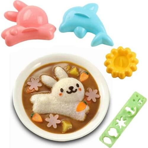 4pcs/set Cartoon Dolphin Rabbit Sushi Molds Baby Rice Dough Mold Childrens Lunch DIY Mold Kitchen Gadgets W9291