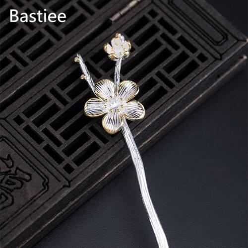 Bastiee Plum Blossom Flower 925 Sterling Silver Hair Stick Luxury Hair Jewelry Hairpins Women Accessories Wedding Hairpin