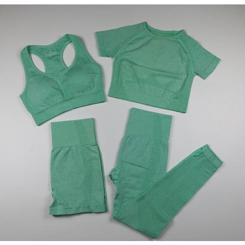 Seamless Leggings+Short Sleeve Crop Top+Sports Bra+Sport Shorts 4 Pieces Yoga Set Sports Wear For Women Gym Clothing Sports Suit