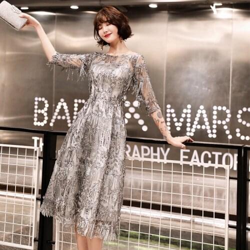 Sequined Cocktail Dresses Shining Three Quater Sleeve Tassel O-neck Party Dress Sexy Lace Plus Size Tea Length Formal Gowns E366