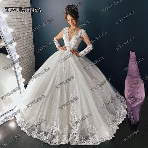 YIWUMENSA Exquisite Skin Tulle Wedding Dress Plus Size Lace Appliques 3D Flowers Bridal Dresses Long Sleeves Wedding Gowns 2020