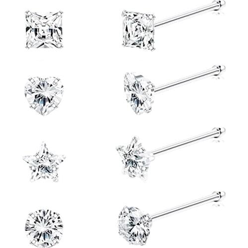8Pcs 925 Sterling Silver Nose Rings Studs 3mm Round square star love heart Assorted Shapes CZ zircon Nose Body Piercing Jewelry