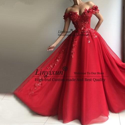 Red Muslim Evening Dresses 2020 A-line Off The Shoulder Tulle Lace Bead Long Islamic Dubai Saudi Arabic Long Formal Prom Dresses