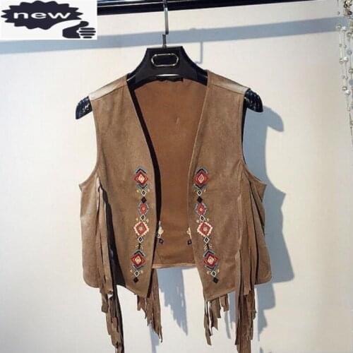 New Ethnic Style Embroidery Floral Faux Leather Womens Jacket Tassel Design Slim Fit Colete Feminino Suede Veste Femme Cardigan