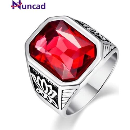 2019 NUNCAD Mens Ring Stainless Steel Ring with Blue/Green/Red Crystal Glass Inlay Vintage Totem Pattern Black Ring