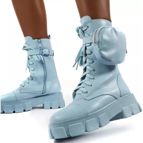 OIAH 2020 New Winter Women Shoes Pocket Belt Buckle Thick-soled Motorcycle Ankle Boots Autumn Blue Pink Black White Shoes