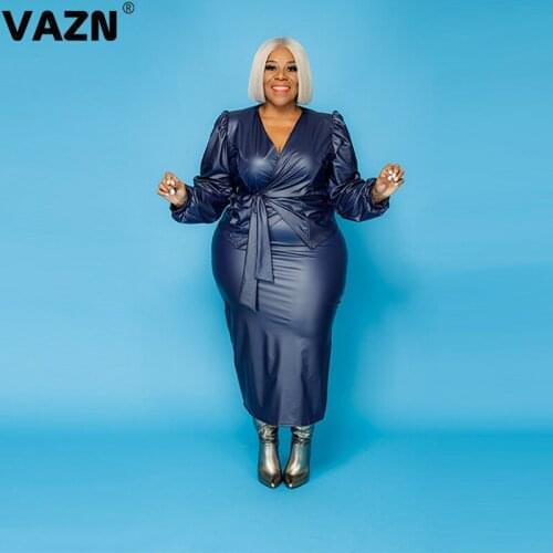VAZN 2021 New Leather Dress Daily High-end Mature Solid Sexy Club Free Elegant Full Sleeve High Waist Women Thin Maxi Dress