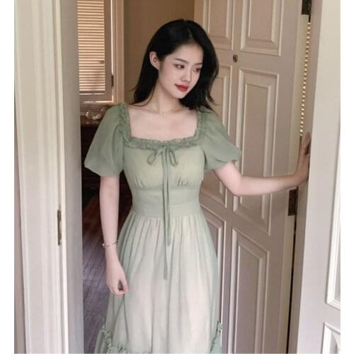 Bella 2021new Elegant Lace-Up Ruffles Mesh Midi Dress Vintage Square Collar Female French Dress Casual Holiday Lady Boho Vestido