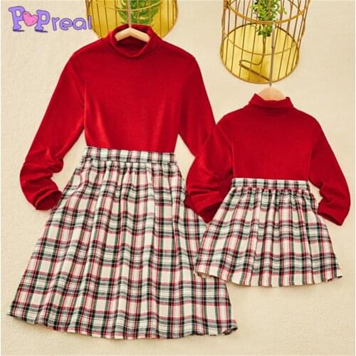 PopReal Spring Autumn Plaid Patchwork High Collar Parent-Child Outfit Family Matching Outfits Mom And Daughter Dress Mother Kids