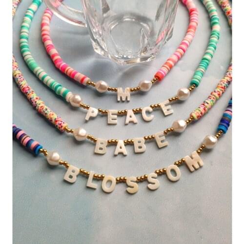 Boho Shell Letters Polymer Clay Beaded Necklace For Women Colorful Bead Pearl Name Choker Custom Initial Necklaces Femme Jewelry