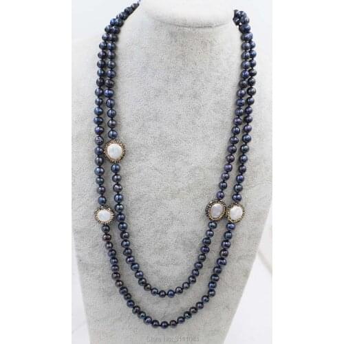 Freshwater pearl black round 7-8mm and white flat baroque necklace 45inch FPPJ wholesale beads nature