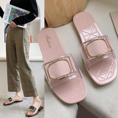 Summer 2020 new style female slippers go out a flip-flop female fashion beach shoes square buckle sea wear sandals
