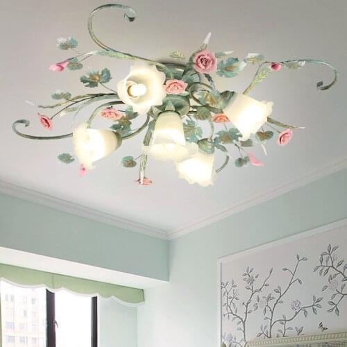 Green Flower Ceiling Lamp Pink Rose Lamps For Living Room Metal Alloy Lighting Fixture Frosted Glass Lampshade Girs Bedroom D115