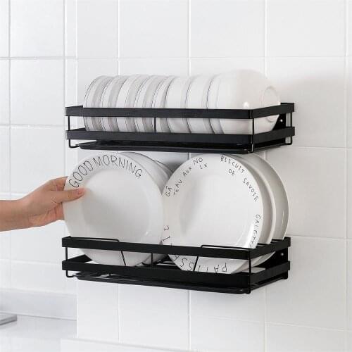 Carbon Steel Dish Drying Rack Shelf Bowl Holder with Tray Wall Mounted Plate Storage Rack Shelves Kitchen Organizer