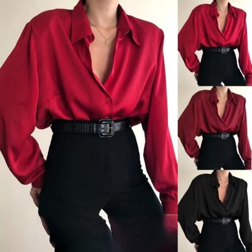 2020 New Women Long Sleeve V-neck Plain Shirts Tops Solid Casual Loose Blouses Tops OL Ladies Button Shirts Blusas