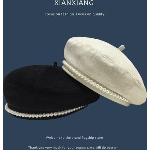 Femme Girls Beanie Hat Caps Pearl French Beret Caps for Women Autumn Winter Outdoor Berets Street Style Plain Cap Wool Warm