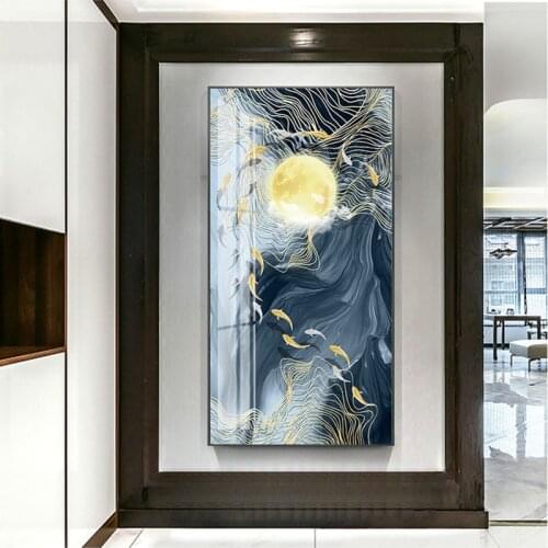 Golden sun white Fabric tree elk deer koi fish Chinese style Modern Abstract Wall Art Decorative Picture Canvas for porch Livin