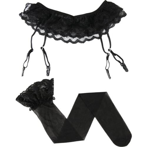 1Set Fashion Women Sexy Lace Soft Top Thigh-Highs Stockings + Suspender Garter Belt Summer Lady Black Solid Stocking Set
